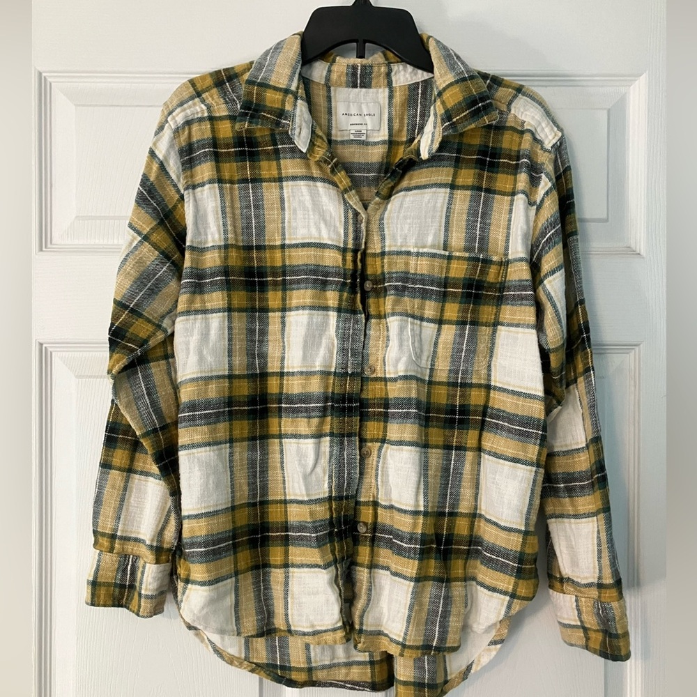 Yellow and Gray Plaid Flannel Button-Up Shirt